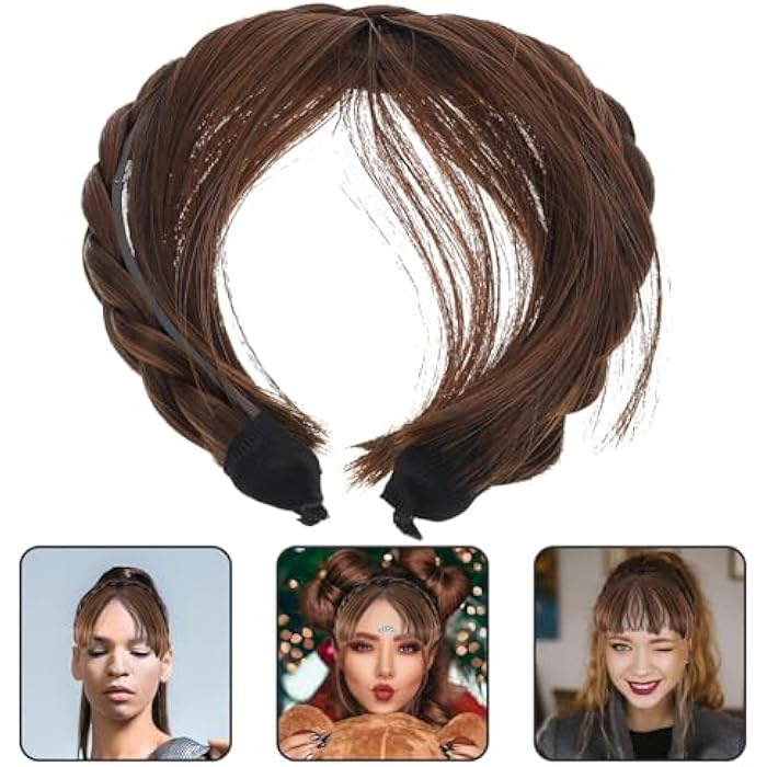 OSALADI Bang Synthetic Headband Wig with Bangs Braided Hair Hoop for Women, Light Brown Headband Bangs - Image 2